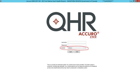 QHR Login Screen